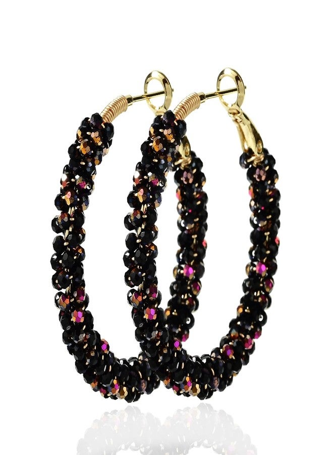 CHCCOYE Handmade Beaded Hoop Earrings Bohemia Circle Earrings 2mm Color Plating Faceted Glass Beads Colorful Crystal Beaded,party Wedding Women Jewelry Gift (Black Pink) - Image 1